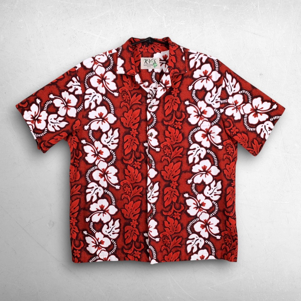 KY'S Hibiscus Floral Hawaiian Shirt Men L Red Tropical Beach Party Core USA Made